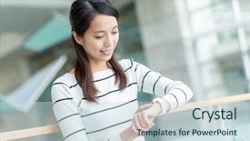  Presentation with smart - Presentation enhanced with woman-use-of-smart-watch background and a  colored foreground