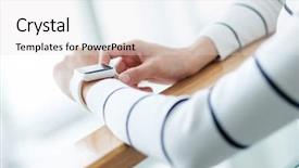  Presentation with smart - Slides with woman use of smart watch background and a light gray colored foreground