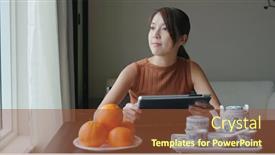  Presentation with computer - Cool new PPT layouts with woman-use-of-tablet-computer backdrop and a tawny brown colored foreground