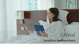  Presentation with curtain - PPT theme enhanced with woman-use-of-tablet-computer background and a light gray colored foreground