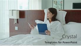  Presentation with curtain - Beautiful slide deck featuring woman-use-of-tablet-computer backdrop and a light gray colored foreground