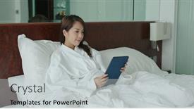  Presentation with curtain - Amazing PPT layouts having woman-use-of-tablet-computer backdrop and a light gray colored foreground