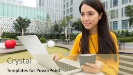  Presentation with togeher - PPT theme having woman use of the laptop computer togeher with cellphone background and a soft green colored foreground