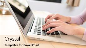  Presentation with cyber stalking computer laptop suffering - Slide set with woman use of the laptop background and a lemonade colored foreground