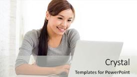  Presentation with cyber stalking computer laptop suffering - Audience pleasing PPT theme consisting of woman use of the laptop backdrop and a  colored foreground