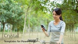  Presentation with mobile use - Slide deck with woman use of the mobile phone when cycling background and a soft green colored foreground
