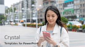  Presentation with street - Slide deck featuring woman-use-smart-phone and a  colored foreground