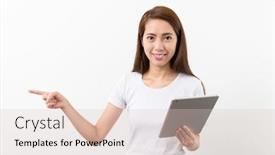  Presentation with finger point - Slides enhanced with woman use tablet pc and finger point a side background and a lemonade colored foreground