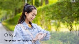  Presentation with wearable - PPT theme with woman-use-wearable-smart-watch background and a light blue colored foreground