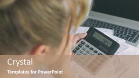  Presentation with calculator - Beautiful PPT layouts featuring woman uses a calculator to sum up expenses and holds her head worrying about the amount of money spent backdrop and a coral colored foreground