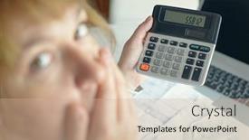  Presentation with calculator - PPT theme having woman-uses-a-calculator background and a coral colored foreground