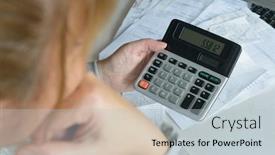  Presentation with calculator - Cool new slide deck with woman-uses-a-calculator backdrop and a light blue colored foreground