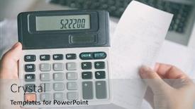  Presentation with calculator - PPT theme with woman-uses-a-calculator background and a light gray colored foreground