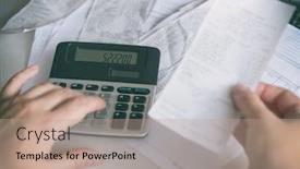  Presentation with calculator - Colorful slide set enhanced with woman-uses-a-calculator backdrop and a coral colored foreground