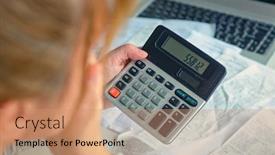  Presentation with calculator - Cool new slides with woman-uses-a-calculator backdrop and a coral colored foreground