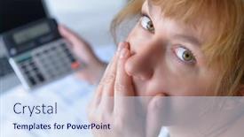  Presentation with calculator - PPT theme having woman-uses-a-calculator background and a sky blue colored foreground