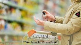  Presentation with sprayer - Slides having woman-uses-antibacterial-sanitizer-sprayer background and a coral colored foreground