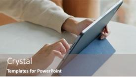  Presentation with computer - Presentation featuring woman-uses-tablet-computer background and a violet colored foreground