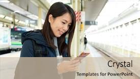  Presentation with train - Audience pleasing theme consisting of woman usinf mobile phone backdrop and a soft green colored foreground