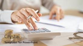  Presentation with balance - PPT layouts enhanced with woman-using-a-calculator-doing background and a coral colored foreground