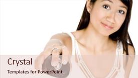  Presentation with computer - Audience pleasing presentation design consisting of woman using a computer mouse backdrop and a  colored foreground