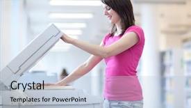  Presentation with machine - Amazing slides having woman using a copy machine backdrop and a light blue colored foreground