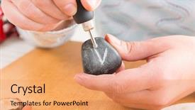  Presentation with speed - Presentation theme consisting of woman using a high speed rotary multi tool to engrave ornament on the stone background and a coral colored foreground