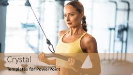  Presentation with train - PPT theme featuring woman-using-a-machine background and a coral colored foreground