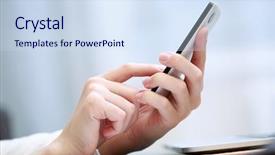  Presentation with phone - Presentation theme with woman using a mobile phone background and a sky blue colored foreground