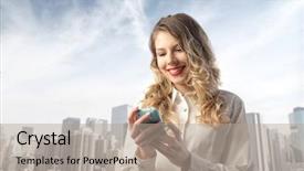  Presentation with sms - Slide deck consisting of woman using a mobile phone background and a  colored foreground