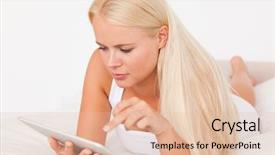  Presentation with editable of computer memory - Presentation theme having woman using a tablet computer background and a  colored foreground