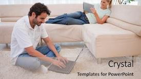  Presentation with computer room - Cool new slides with woman using a tablet computer backdrop and a mint green colored foreground