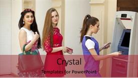  Presentation with atm machine - Colorful presentation design enhanced with woman using an automated teller backdrop and a  colored foreground