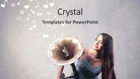  Presentation with gramophone - Audience pleasing PPT theme consisting of woman using an old gramophone backdrop and a light gray colored foreground
