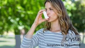  Presentation with asthma - Slide set consisting of woman using asthma inhaler background and a light blue colored foreground