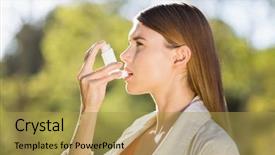  Presentation with asthma - PPT theme featuring woman using asthma inhaler background and a gold colored foreground