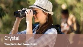  Presentation with cheerful - Presentation theme having woman using binoculars bird watching background and a coral colored foreground