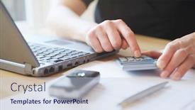  Presentation with cell - Presentation theme having woman-using-calculator-at-desk background and a sky blue colored foreground