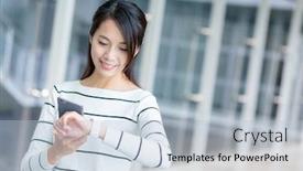  Presentation with connecting - Audience pleasing presentation design consisting of woman using cellphone and connecting with smart watch backdrop and a light blue colored foreground