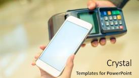  Presentation with payment - Beautiful presentation design featuring woman using cellphone for payment backdrop and a  colored foreground