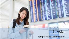  Presentation with airport - Audience pleasing PPT layouts consisting of woman using cellphone in airport backdrop and a light blue colored foreground