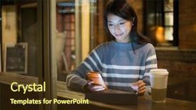  Presentation with cafe - Slide deck having woman using cellphone in cafe background and a tawny brown colored foreground