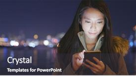 Presentation with city night - Cool new slides with woman using cellphone in city backdrop and a dark gray colored foreground