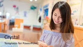  Presentation with wine library - Slide set featuring woman using cellphone inside library background and a  colored foreground