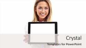  Presentation with computer vision abstract digital eye - Audience pleasing presentation design consisting of woman using digital tablet computer backdrop and a white colored foreground