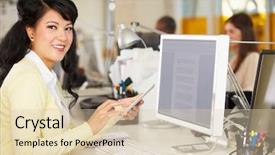  Presentation with busy - Slide set featuring woman using digital tablet in busy creative office background and a lemonade colored foreground