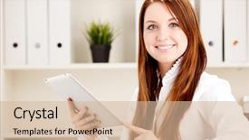  Presentation with tab - Beautiful slide set featuring woman using electronic tab in office backdrop and a soft green colored foreground