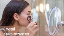  Presentation with curling - PPT theme enhanced with woman using eyelash curler curling background and a coral colored foreground