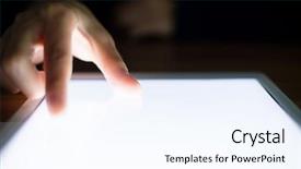  Presentation with finger - Cool new slide set with woman using finger on screen of tablet pc backdrop and a sky blue colored foreground