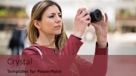  Presentation with camera - Audience pleasing presentation theme consisting of woman-using-her-mirrorless-camera backdrop and a tawny brown colored foreground